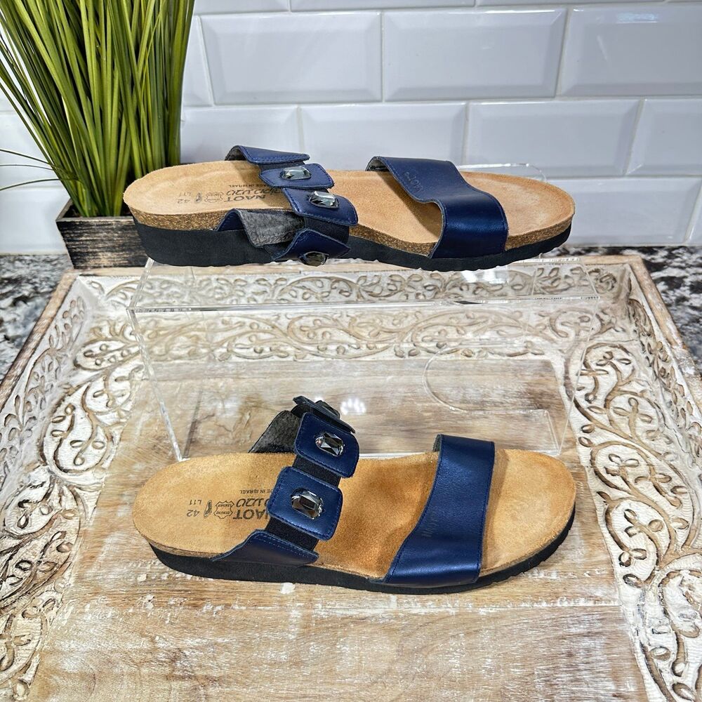 Naot EUC Blue Leather 2 Strap Jewel Accent Slip On Sandal Shoe 40 EU -11 US - Picture 10 of 11